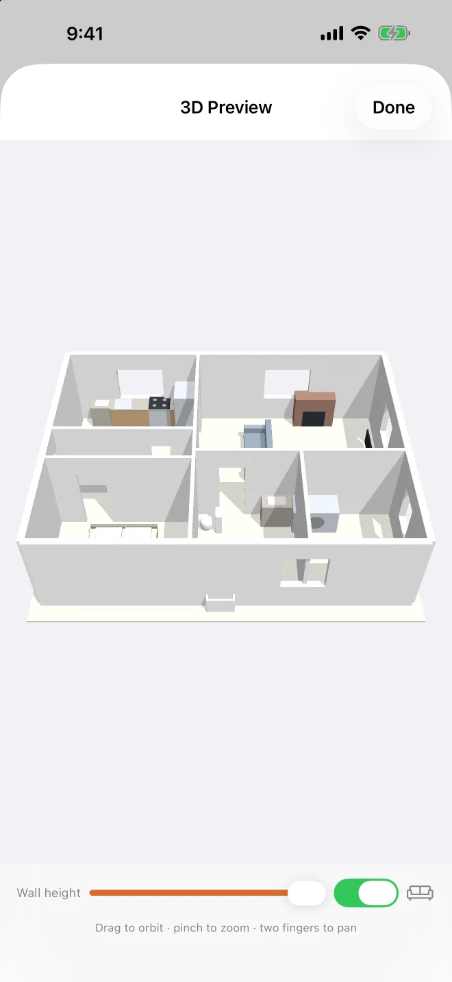 3D Preview in Storyrod: the sample unit seen from above with walls, doors and furniture