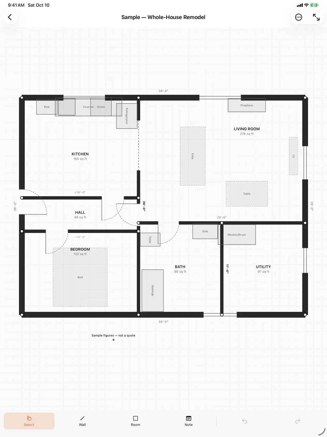 The whole-house remodel sample open on iPad in Storyrod: six rooms with areas, dimension strings, and ≈ and ~ marks on two walls